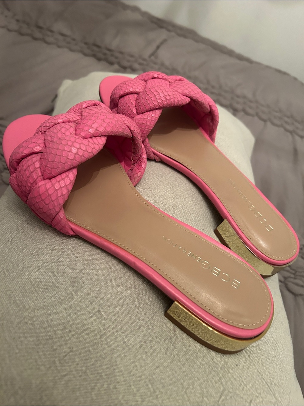 BCBG Hot Pink Braided Slide Sandals with Gold Accent